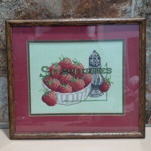 Vintage Framed Cross Stitch Artwork Still Life of Strawberries